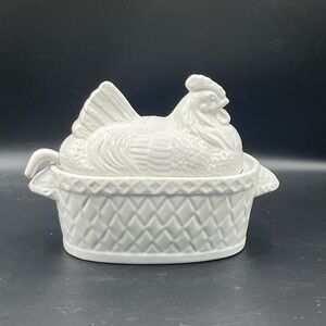 Vintage Basket Weave Ceramic Hen on Nest Soup Tureen with Ladle; Made in Japan